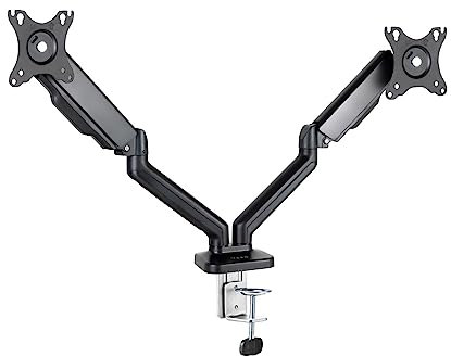 TOOQ DB5132TNR-B - Soporte de Mesa Giratorio e Inclinable para 2 Pantallas de 17-32, de Dos Brazos Articulados, Ajustable y Regulable con Mecanismo Asistido por Muelles, Color Negro
