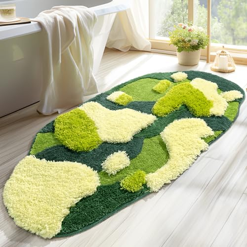 Cyncelia Moos-Badezimmerteppich, 61 x 121 cm, grün, lange Teppiche, rutschfest, lustig, niedlich, 3D-Blätter, Badematte für Badewanne