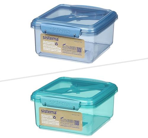 Sistema Ocean Bound Lunchbox mit Besteck aus Kunststoff | 1,2 l Frischhaltedose mit Gabel und Messer | BPA-frei, aus recyceltem Kunststoff | Blaugrün oder Blau (Farbe nicht wählbar)