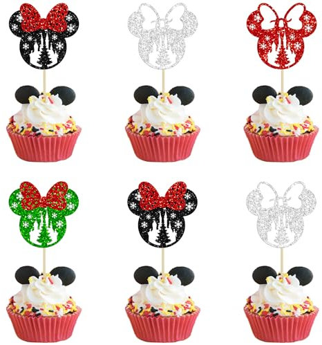 Ephlyn 24Pcs Mini Mouse Inspired Christmas Cupcake Toppers Castle Bow Christmas Cupcake Picks Merry Christmas Theme Kids Birthday Party Cake Decorations Supplies