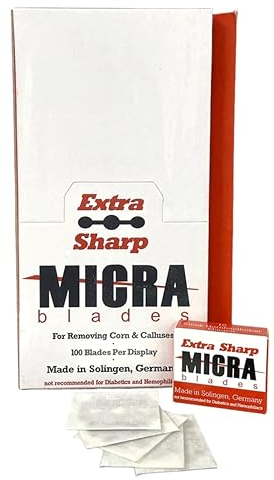 MICRA Blades „extra Sharp“ Hornhauthobel Klingen „Made in Solingen“ - Professionelle Entfernung von Hühneraugen und Hornhaut - Extra scharfe Ersatzklingen aus rostfreiem Edelstahl á 100 Stück