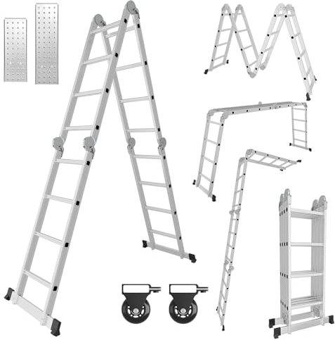 Vkechh Mehrzweckleiter 4X4 Stufen,7in1 Klappleiter 470CM Alu Multifunktionsleiter,Aluleiter mit 2 Plattform und Räder,Haushaltsleiter Max Belastung 150kg, Leiter for Home und Garten