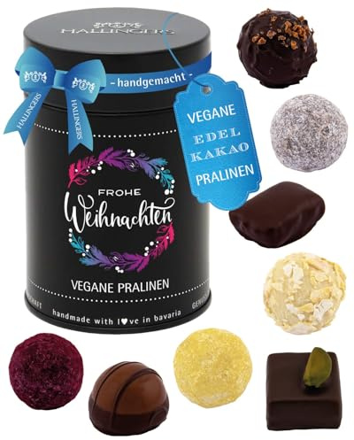 Hallingers Genuss Manufaktur Vegane Pralinen Weihnachts-Geschenk - mit & ohne Alkohol, handmade aus Confiserie-Edelkakao in wertiger Geschenkdose Frohe Weihnachten, Weihnachten für Frauen Männer
