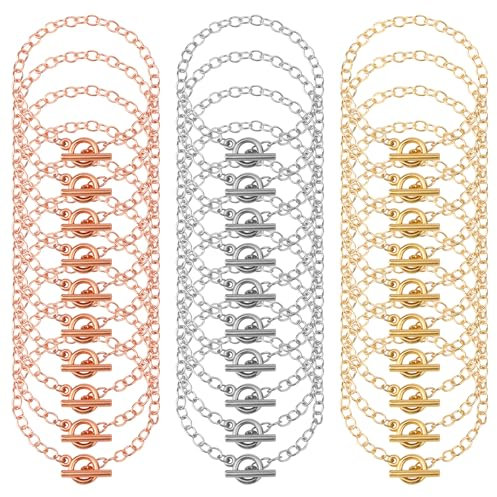 30pcs Bracelet Chains for Bulk Jewelry Making, Alloy Link Chain with OT Toggle Clasp Snake Chain Bracelet for Women DIY Jewelry Crafts Supplies (Rose Gold & Gold & Silver)