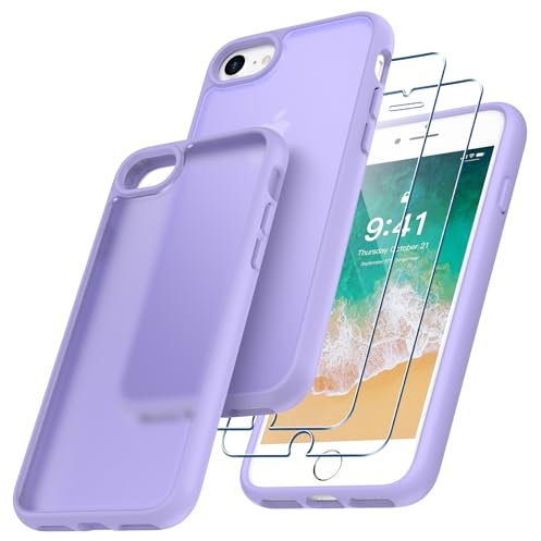 Niphabe Coque Compatible avec iPhone SE 2022/2020/7/8 avec 2 Verre Trempé, Anti-Jaunissement Dur PC Housse Anti-Rayures Protection Case Antichoc Coque avec Bumper TPU Case 4,7 -Violet Clair