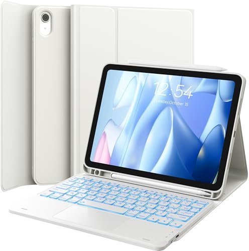 Earto Clavier iPad 11 A16(2025) /10eme Generation 2022, Coque Clavier iPad 10eme Generation avec Touchpad, Eclairage 7 Couleurs, Rechargeable Clavier AZERTY, Blanc