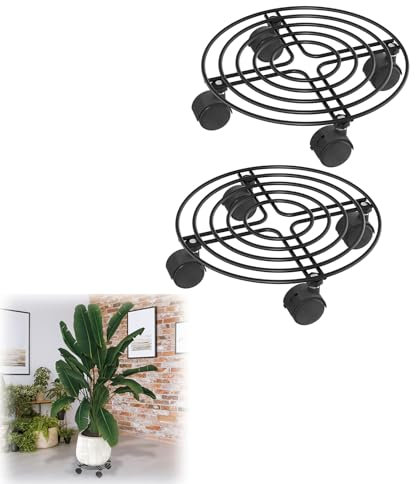 MAYTIIMO 30 cm Blumenroller Rollbrett Pflanzen mit Lenkrollen, 2 Stück Pflanzenroller Rund, Garten Pflanzenständer Dekorativ Topfpflanzenwagen aus Schmiedeeisen für Außenbereich&Innenbereich Typ B