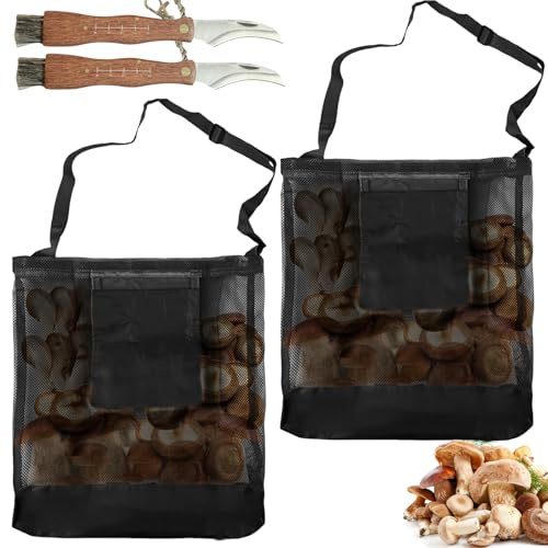 2er-Pack Netztasche Für Pilz, Pilzmesser Mit Bürste, 38.5×25cm Tasche Für Futtersuche, Zusammenklappbare Morchel-Jagdtasche Netztasche, Crate Pilz Jagdtasche Für Pilzsammler (Schwarz)