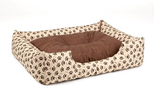 BedDog Hundebett Mimi, Hundesofa aus Cordura, Microfaser-Velours, waschbares Hundebett Vier-eckig mit Rand, Hundekissen für drinnen, draußen, M, beige-braun mit Pfoten
