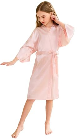 CuteOn Kids Girls Satin Silk Kimono Robe Dressing Gown Bathrobe Nightwear for Spa Wedding Birthday Party Dress Pink Size 9-11Years - (Height 130-145cm)
