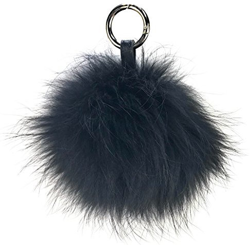 Realkontor XXL Taschenanhänger mit Lederband und Ringkarabiner, Schlüsselanhänger Bommel Pelzbommel Pompon Pelz Fell Echtpelz ! viele Farben ! (schwarz)