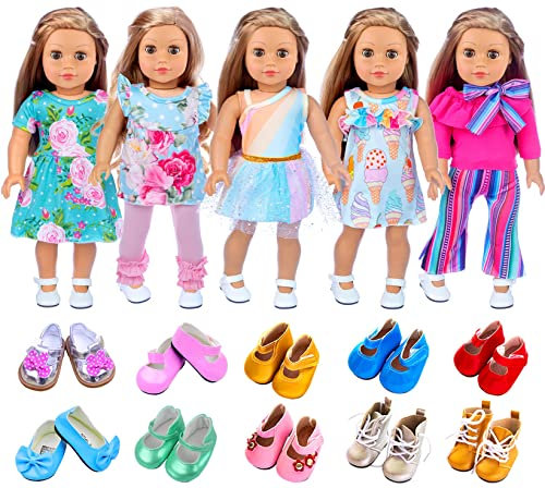 ZITA ELEMENT 18 Inch Girl Doll Clothes and Accessories Dresses Casual Wear for 18 Inch Girl Doll - 5 Outfits and 2 Shoes