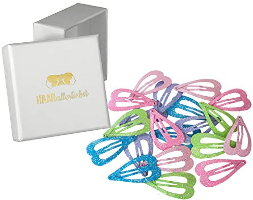 Haarallerliebst Haarspangen für Kinder – 20 Stück Herz förmig bunt pastell mit Glitzer (4 cm) inkl. Aufbewahrungsbox weiss – Ideal für normales Haar