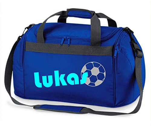 Sporttasche mit Namen | inkl. NAMENSDRUCK | Motiv Fußball | Personalisieren & Bedrucken | Reisetasche Jungen Ball Sport-Verein | blau schwarz (Royalblau) 26 Liter