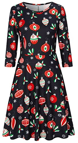 AIDEAONE Damen Weihnachten Kleid Kostüm Langarm Midi Weihnachtskleider Lustig Druck