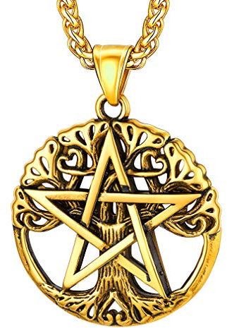 FaithHeart Gold Pentagram Pendant Wicca Necklace for Sisters Pagan Jewellery Stainless Steel Tree of Life Necklaces Chain Witch Pentacle Pendants Mysterious Gift for Easter