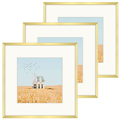 Golden State Art 12x12 Picture Frame 3 Pack - Aluminum Frames with 8x8 Removable Mats & Real Glass, Display 12x12 Posters or 8x8 Photos - Gold Gallery Wall Frames for Home Office Decor