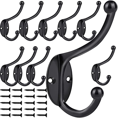 ZEYU 10 schwarze Kleiderhaken Hardware Heavy Duty Haken zum Aufhängen von Mänteln, doppelte rostfreie Haken, Wandmontage mit 20 Schrauben für Schlüssel, Handtuch, Taschen, Tasse, Hut