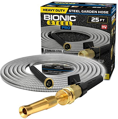 BIONIC STEEL Pro Gartenschlauch mit Düse, 7,6 m, 304 Edelstahl, Metall-Wasserschlauch, 7,6 m, Flexibler Schlauch, knickfrei, leicht und langlebig, bruchfeste Armatur, einfach zu Wickeln, 500 PSI 2025