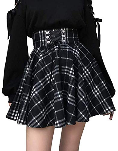 ORANDESIGNE Damen Kariert Kilt-Rock Faltenröcke Tartan Minirock Hohe Taille Kurz Skirt Skater Rock Informell Mini Glocken Rock A Schwarz Large