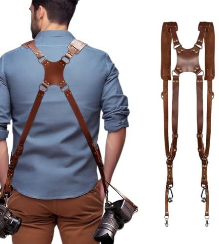 HERCHR Sangle d'appareil Photo pour Deux caméras, harnais photo, harnais photographe,Harnais d'appareil Photo Multi-Engrenages Vintage pour Harnais Universel DSLR/SLR Femmes/Hommes(Marron)