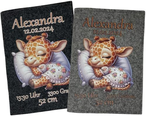 U Heft Hülle und Impfpass aus Filz - Personalisiert mit Namen - Untersuchungsheft Schutzhülle - Babygeschenke zur Geburt - Kinderuntersuchungsheft Mädchen und Junge - Giraffe auf Kissen