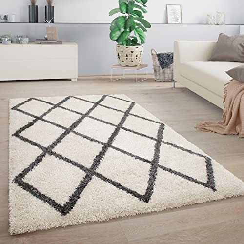 Paco Home Teppich Wohnzimmer, Schlafzimmer/Hochflor Shaggy in versch. Designs Farben und Größen, Grösse:60x100 cm, Farbe:Weiß-Anthrazit