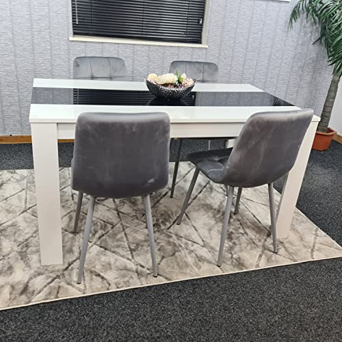 KOSY KOALA Dining Table Set with 4 Chairs White Dining Table with Black Glass Top and Grey velvet Chairs Modern Dining Room Furniture 117 x 77 x 75 cm