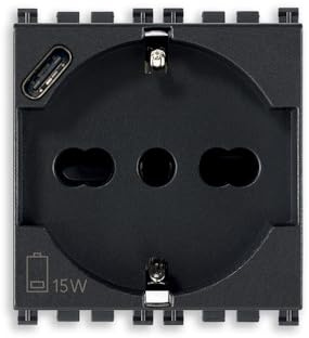 VIMAR 19210.USB Arké Socket 2 Modules SICURY 2P+T 16A 250V Universal Italian Standard P40 and USB Output Type C 5V and 3A for Fast Charging, Grey