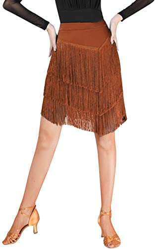 SEAUR Latein Tanzrock Damen Bauchtanz Hüfttuch Fransen Rock Ballsaal Rumba Cha Cha Samba Tanzkleid Braun - M