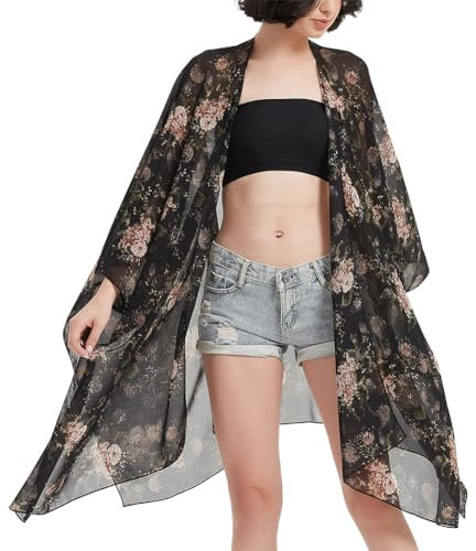Women's Kimono Cardigan Long Chiffon Floral Swimsuit Cover up Bohemian Beachwear Bikini Shawl Tops Black with Bulbous Orchid