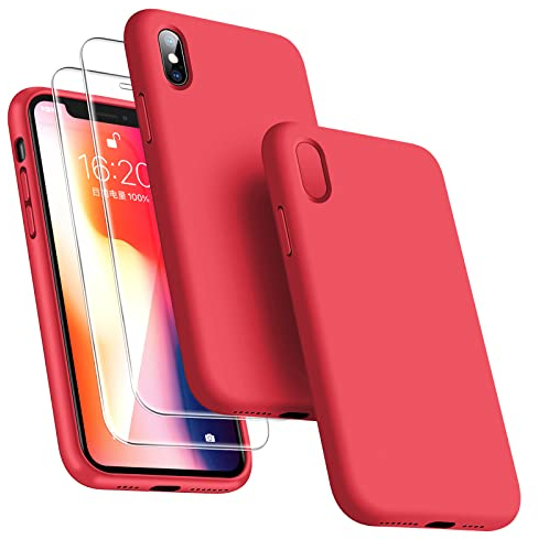 Dssairo [3-in-1 für iPhone X Hülle/iPhone XS Hülle, mit 2 Stück Displayschutzfolien, Flüssigsilikon, schmal, stoßfest, Schutzhülle 5,8 Zoll [Mikrofaser-Futter] (rot)