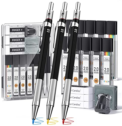 Four Candies 3 Stück Druckbleistift 2mm Fallminenstift mit Etui, Metall Minenbleistift mit 120 Graphitminen (HB 2H 2B 4B Farbe), 4 Radiergummis, Spitzer, Zeichenstift für Schreiben, Zeichnen