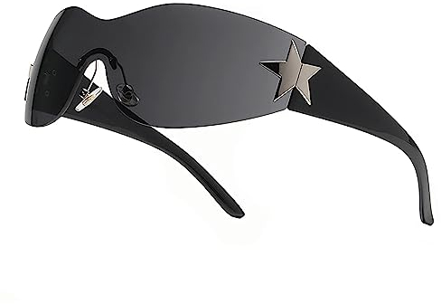 Y2K Brille, Fancy Sport Sonnenbrille Rave Brille, Sunglasses Woman Randlose Y2K Sonnenbrill, Wrap Around Schnelle Brille Rave Futuristische Sonnenbrille Damen, Stern Sonnenbrillen für Herren Damen