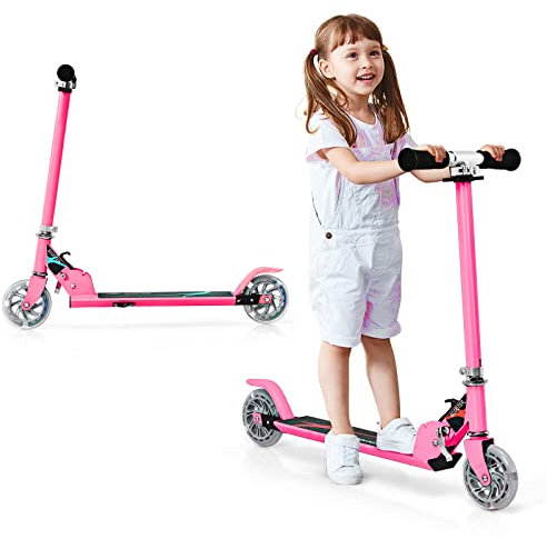 GYMAX Trottinette Enfants Pliable 4-10 Ans, Hauteur Réglable 63-73-87CM, 2 Roues Lumineuses, Frein Arrière, Charge Max 70 KG (Rose)