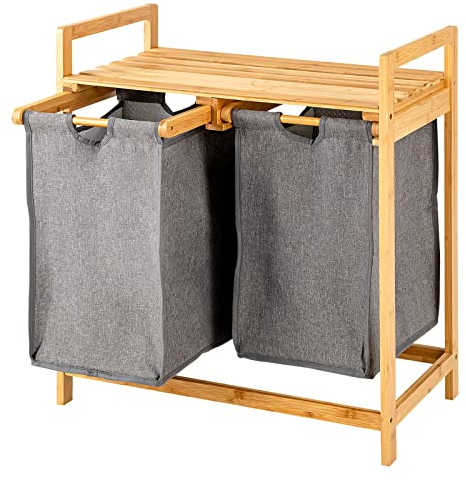 GIANTEX Wäschekorb 2 Fächer, Wäschesammler mit Ablage, Freistendes Baderegal aus Bambus, Wäschetruhe Wäschesortierer für Bad 64 x 33 x 73cm (Grau)
