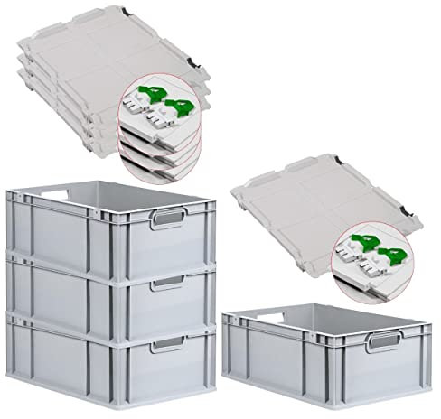 PROREGAL SuperSparSet 4x Eurobox NextGen Grip mit Scharnierdeckel und grünen Schiebeschnappverschlüssen, HxBxT 22x40x60cm, 44 L, Grau, Griffe offen, Eurobehälter, Transportbox