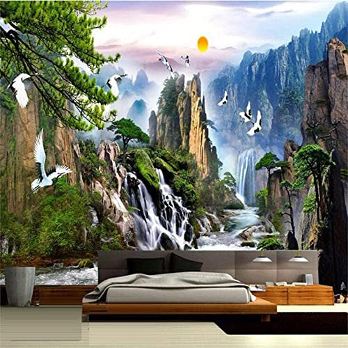 Custom 3D Photo Wallpaper Mountain Waterfall Sunset Scenery Mural Restaurant Hotel Internet Game Room Living Room Tv Background Wall,Wall Photo Peel and Stick Wall Posters Wall 140 (W) x 70 (H) cm