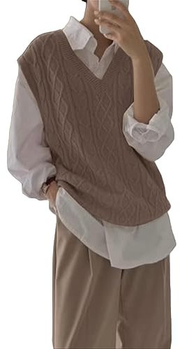 Tongmingyun Maglione da donna con scollo a V, oversize, senza maniche, a maglia, senza maniche, marrone, S