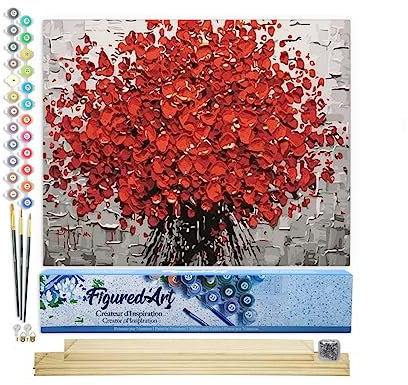Figured'Art Peinture par Numéro Adulte Fleurs rouges abstraites - Activité Manuelle Kit de Loisir Créatif DIY Numéro d'Art Complet - 40x50cm avec châssis en bois à monter