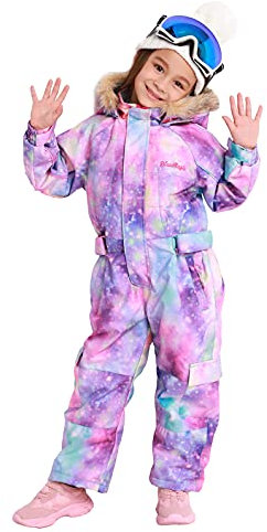 Bluemagic Skianzüge für Jungen und Mädchen, Schneeanzüge für Kinder Winddicht Warm Wasserdicht und Atmungsaktiv, Einteiliges Design, Reißverschlussöffnung (lila Galaxie, 125CM, 7 Jahre)