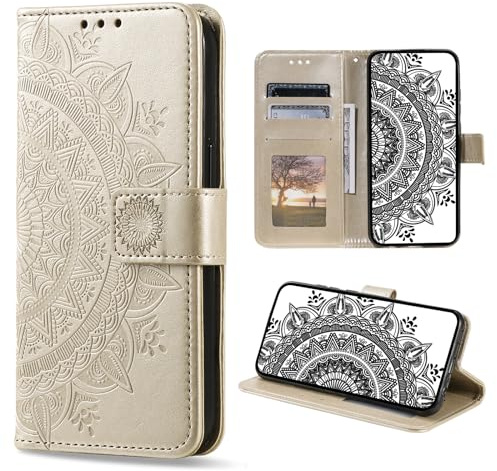 CASEONJAN Handyhülle für iPhone 11 Pro Max Hülle, PU Leder Klapphülle mit [Kartenfach] [Magnetverschluss], Flip Case Handytasche Prägung Schutzhülle für iPhone 11 Pro Max (Gold)
