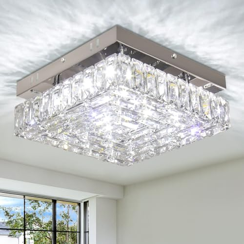 FRIXCHUR Moderne Kristall Deckenleuchte, quadratische Kristall Kronleuchter, LED Unterputz Deckenleuchte für Schlafzimmer, Flur, Esszimmer (kaltweiß)