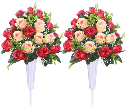 Lodou Fiori artificiali per cimitero, set di 2 rose decorative per tombe, bouquet commemorativo con vaso per composizioni tombali (2, rosso e beige)