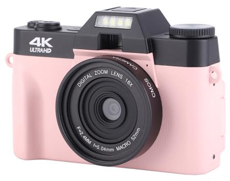 4K Digitalkamera für Fotografie, 48 MP Vlogging Kamera mit Autofokus, Anti Shake, 180 Grad Flip Screen, 3 Zoll Video Reisekamera mit 16 fachem Digitalzoom (Rosa)