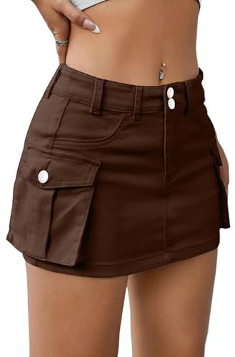 shownicer Damen Minirock Cargo Rock Y2K Skirt Sommer Jeansrock Hüftrock Elastisch Niedrige Taille Mit Taschen A Braun L