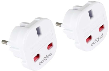 OcioDual 2X Adaptador Enchufe UK, Adaptador Enchufe UK a Europeo, Plug Adapter, Convertidor de 3-Pin Europa a 2-Pin Inglaterra con Seguridad para Niños, Blanco