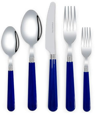 Thickened Plastic Handle Kitchen Stainless Steel Silverware Tableware Flatware Cutlery Set Steak Knife Fork Spoon Teaspoon (Blue,5 Pieces)