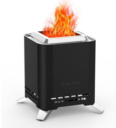 Onlyfire 2 en 1 Carré Brasero de Table avec Support de Pot et Sac de Transport, Mini Brasero Extérieur pour Pellets et Bois, Portable Foyer sans Fumée pour Jardin, Terrasse, Camping, Noir