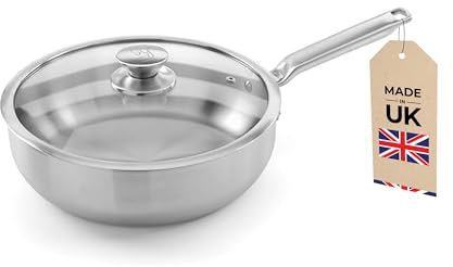 Samuel Groves Stainless Steel 26cm Saute Pan with Lid, PFAS-Free Frying Pan Cookware, Induction Compatible, Oven & Dishwasher Safe, UK Made, Tri-Ply Design for Even Heat Distribution